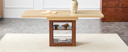 Rectangular MDF walnut dining table with storage, expandable design, ideal for kitchen, dining room, or apartment dining spaces.