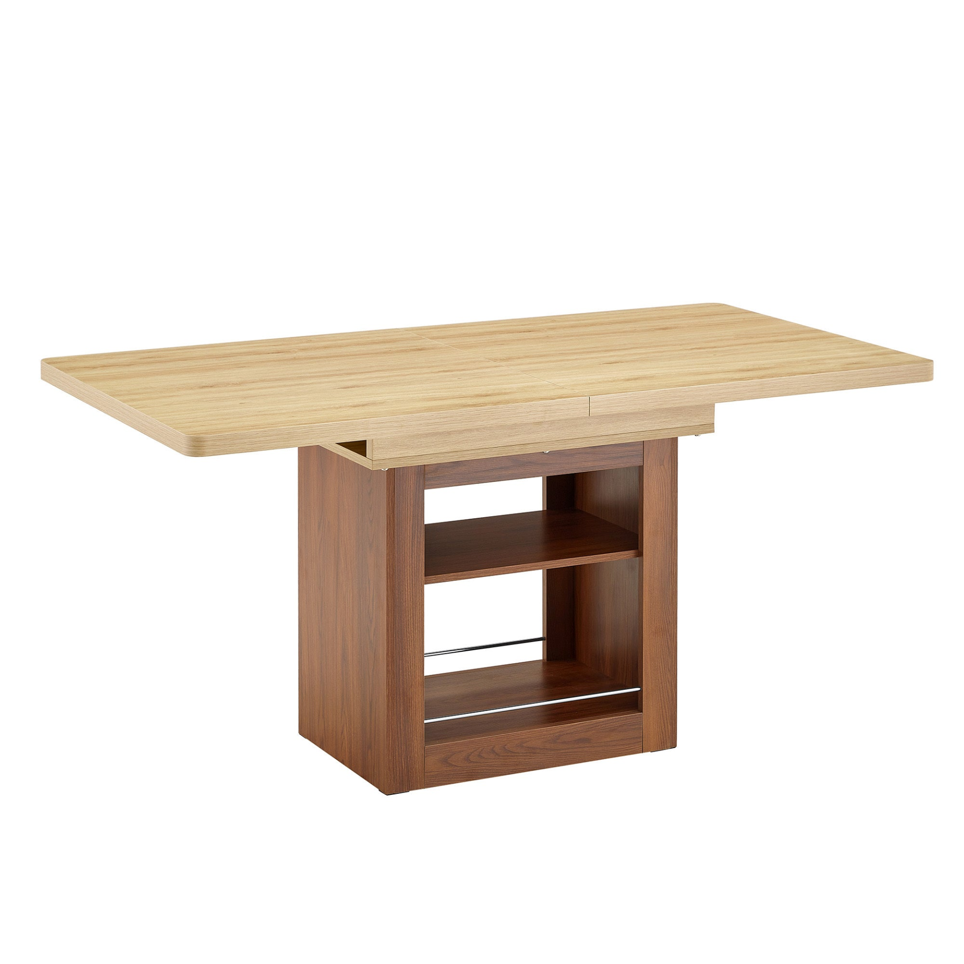 Rectangular MDF walnut dining table by Start2Finish with storage and expandable design for kitchen, dining room, or apartment.