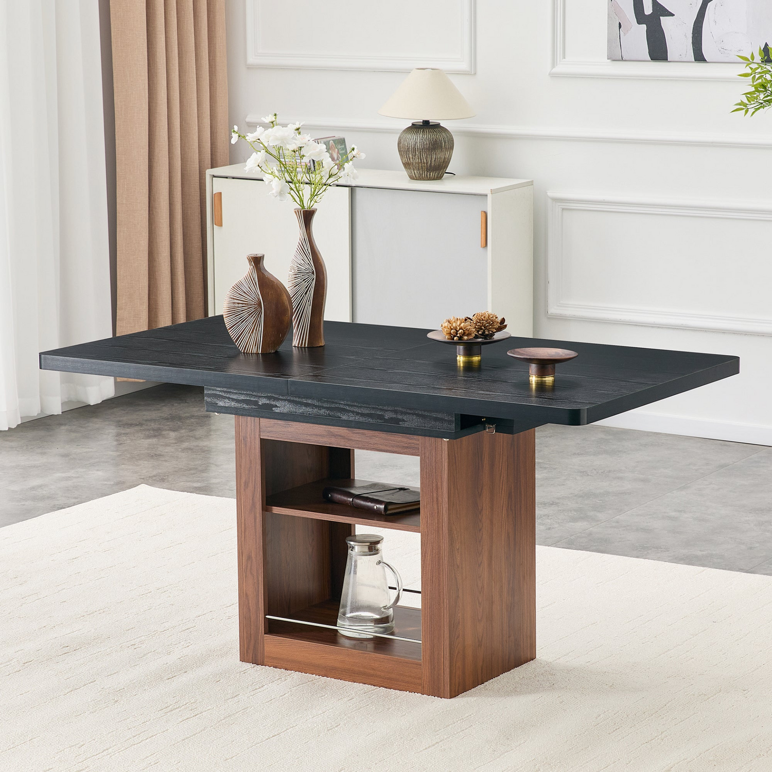 Rectangular MDF walnut dining table with expandable design, storage, and modern style for kitchen, dining room, or apartment use.