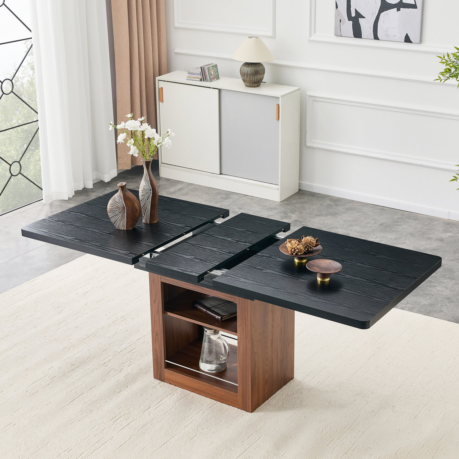 Rectangular MDF walnut dining table with storage and extendable leaves, ideal for dining rooms, kitchens, and apartments.