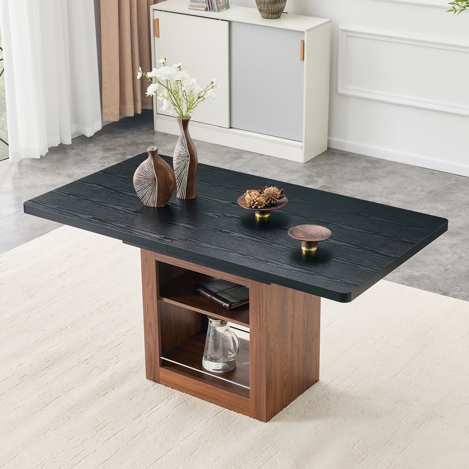 Rectangular MDF walnut dining table with storage and expandable design, ideal for dining rooms, kitchens, or apartments by Start2Finish