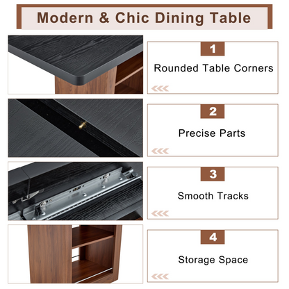 Rectangular MDF walnut dining table with storage and extendable leaves, ideal for dining rooms, kitchens, and apartments.