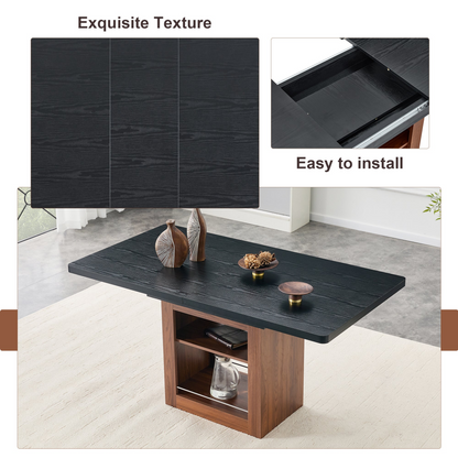 Rectangular MDF walnut dining table with storage and extendable leaves, ideal for dining room, kitchen, or apartment dining.