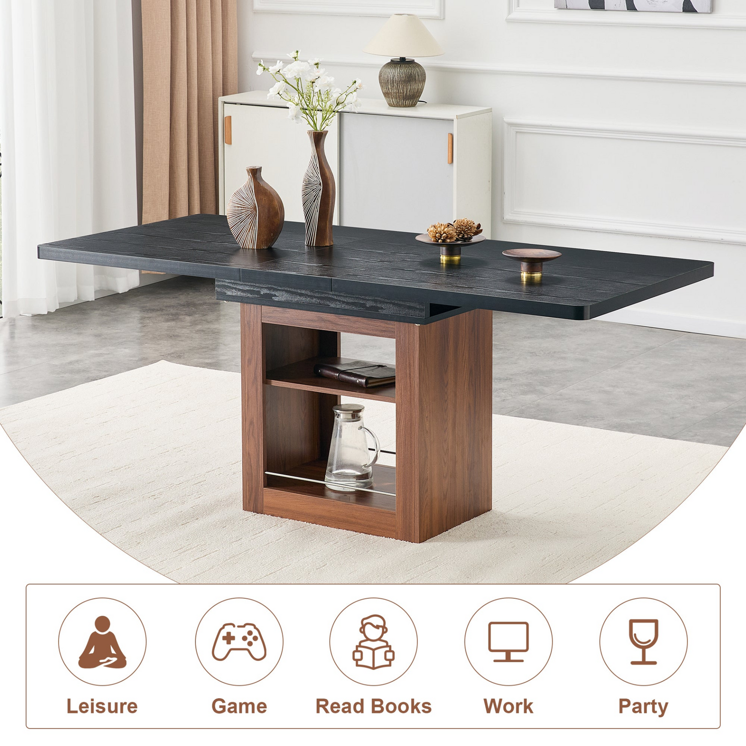 Start2Finish rectangular MDF walnut dining table with storage and expandable surface for kitchen, dining room, or apartment dining.