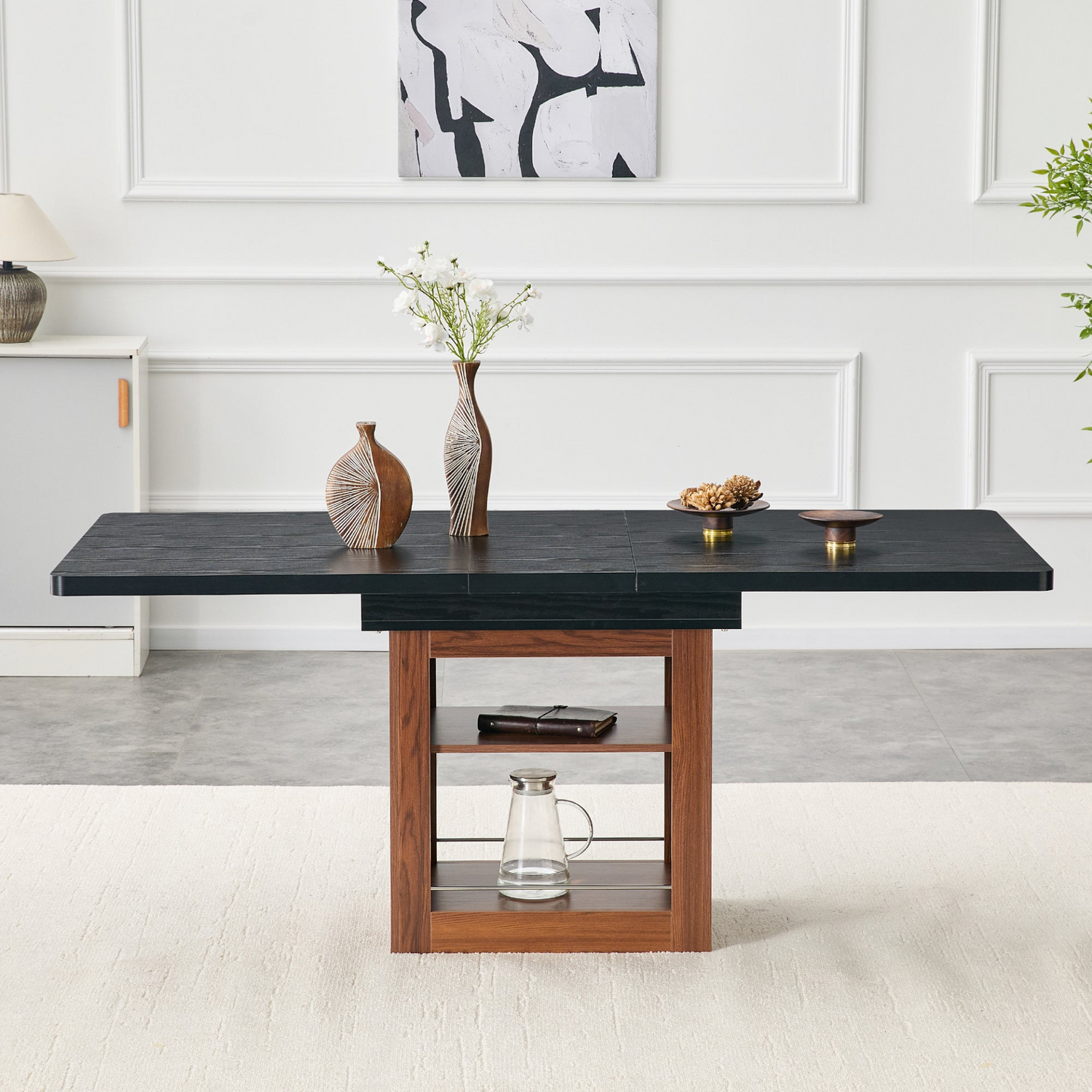 Start2Finish rectangular MDF walnut dining table with storage, expandable for kitchen, dining room, or apartment dining spaces.