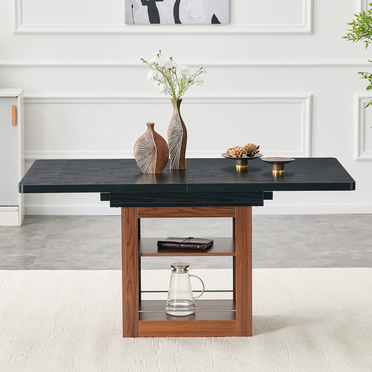 Rectangular MDF walnut dining table with storage and extension leaves, ideal for kitchen, dining room, or apartment dining spaces.