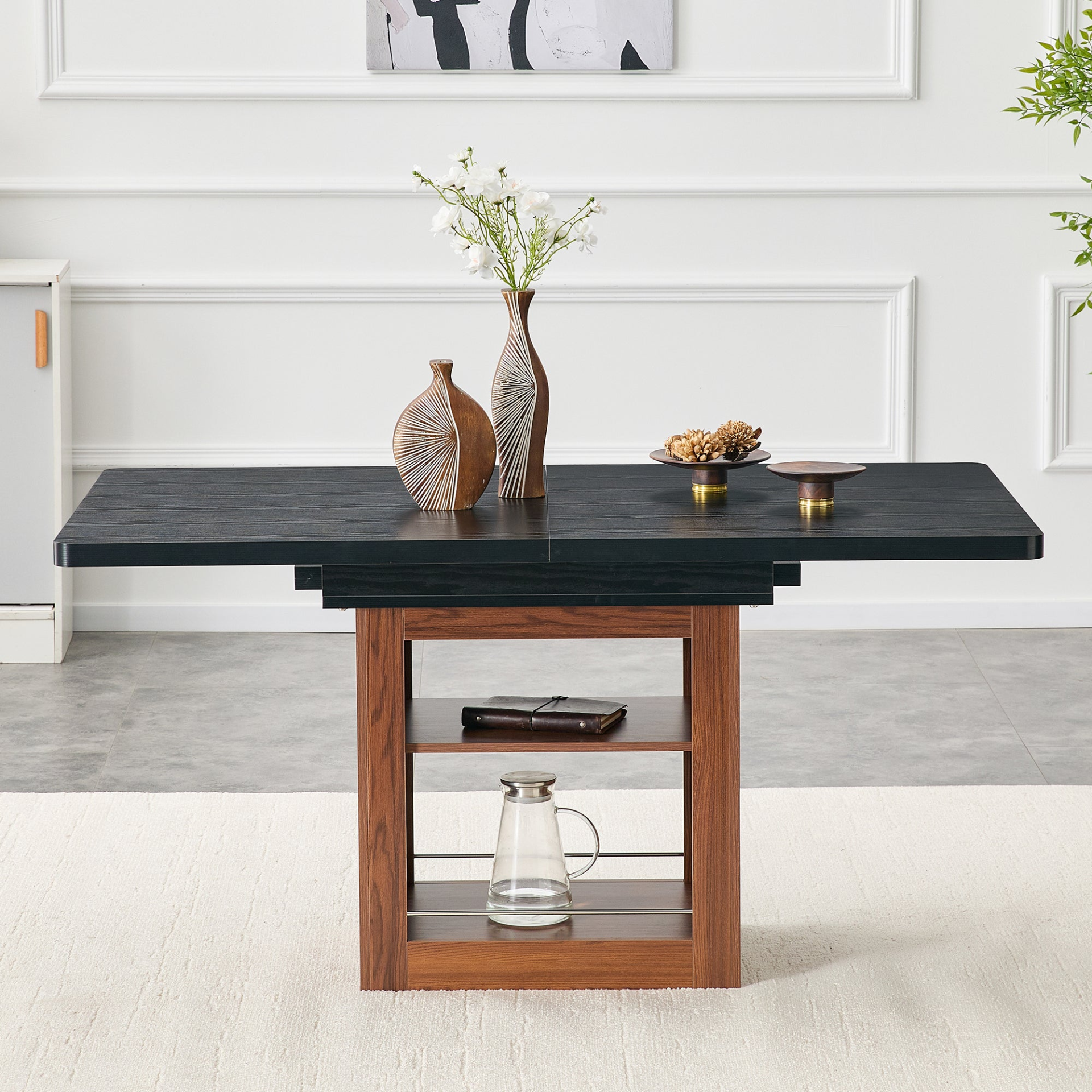 Rectangular MDF walnut dining table with storage and extension leaves, ideal for kitchen, dining room, or apartment dining spaces.