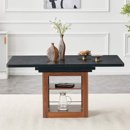 Rectangular MDF walnut dining table with storage and extension leaves, ideal for kitchen, dining room, or apartment dining spaces.