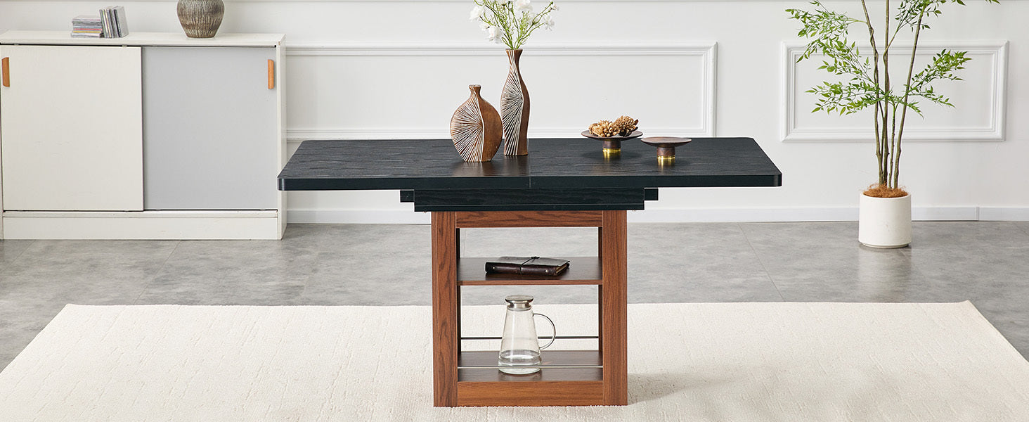 Rectangular MDF walnut dining table with storage and extension leaves, ideal for dining room, kitchen, or apartment dining spaces.