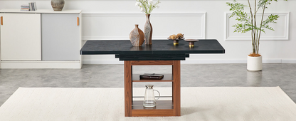 Rectangular MDF walnut dining table with storage and extension leaves, ideal for dining room, kitchen, or apartment dining spaces.