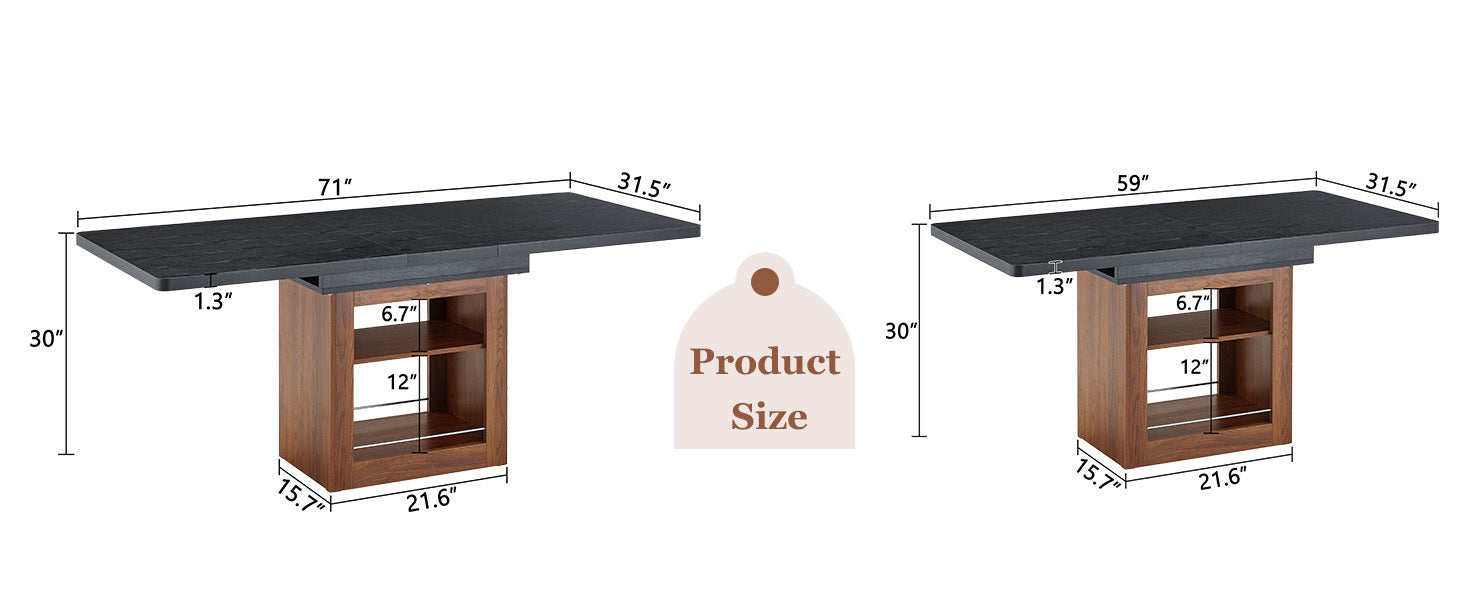Rectangular MDF walnut dining table with storage and extension feature, ideal for dining rooms, kitchens, and apartments.