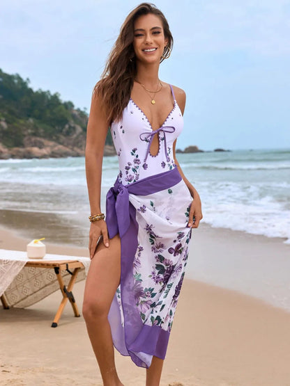 Printed Spaghetti Strap One-Piece : Cover Up Swim Set