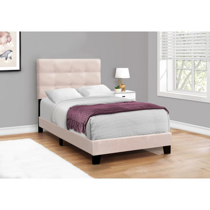 Twin size upholstered bed frame in pink velvet with transitional design by Start2Finish, featuring a padded headboard and sleek silhouette.