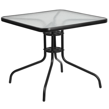 Square patio table for restaurants and banquet halls by Start2Finish, featuring a sturdy tabletop and sleek design for dining spaces.