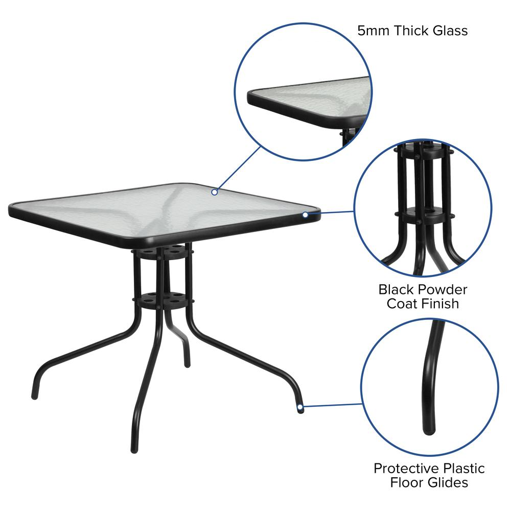 Square patio table by Start2Finish with sturdy metal frame and wooden top, ideal for restaurant, banquet hall, or dining room use.