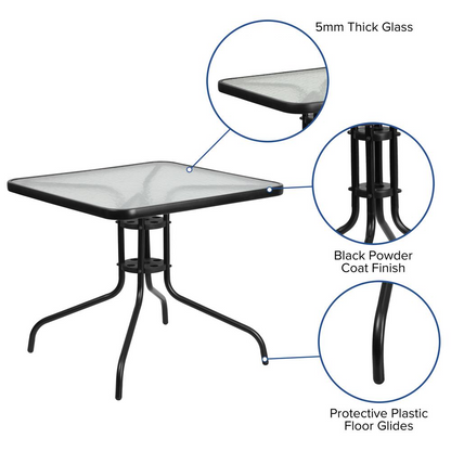 Square patio table by Start2Finish with sturdy metal frame and wooden top, ideal for restaurant, banquet hall, or dining room use.