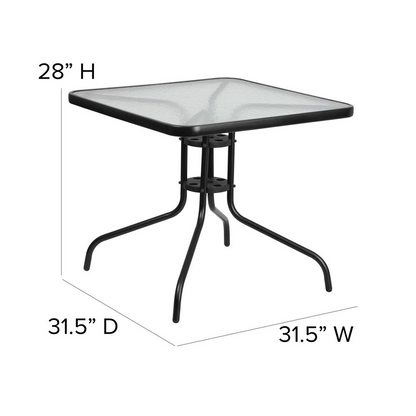 Square Start2Finish patio table with sturdy wooden top, ideal for restaurant, banquet hall, or dining room settings.
