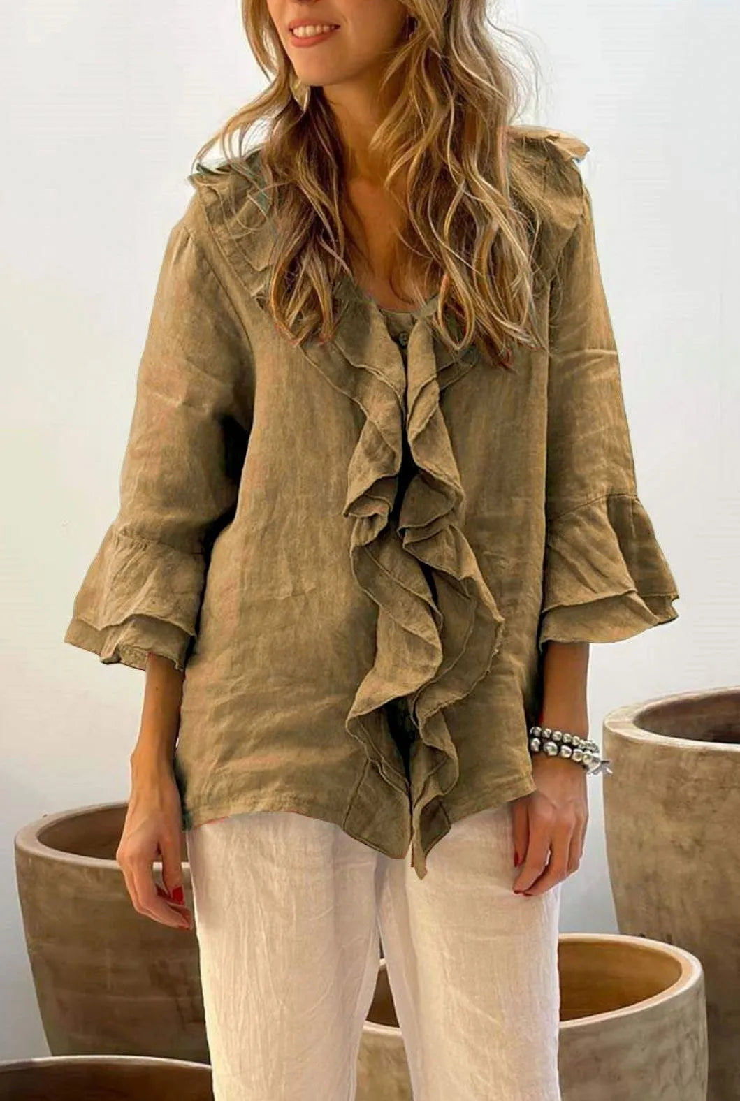 Autumn Women's Clothing Solid Color V Neck Ruffle Trim Button Front Loose Fit Long Sleeve Top For Woman Polyester Casual Blouse