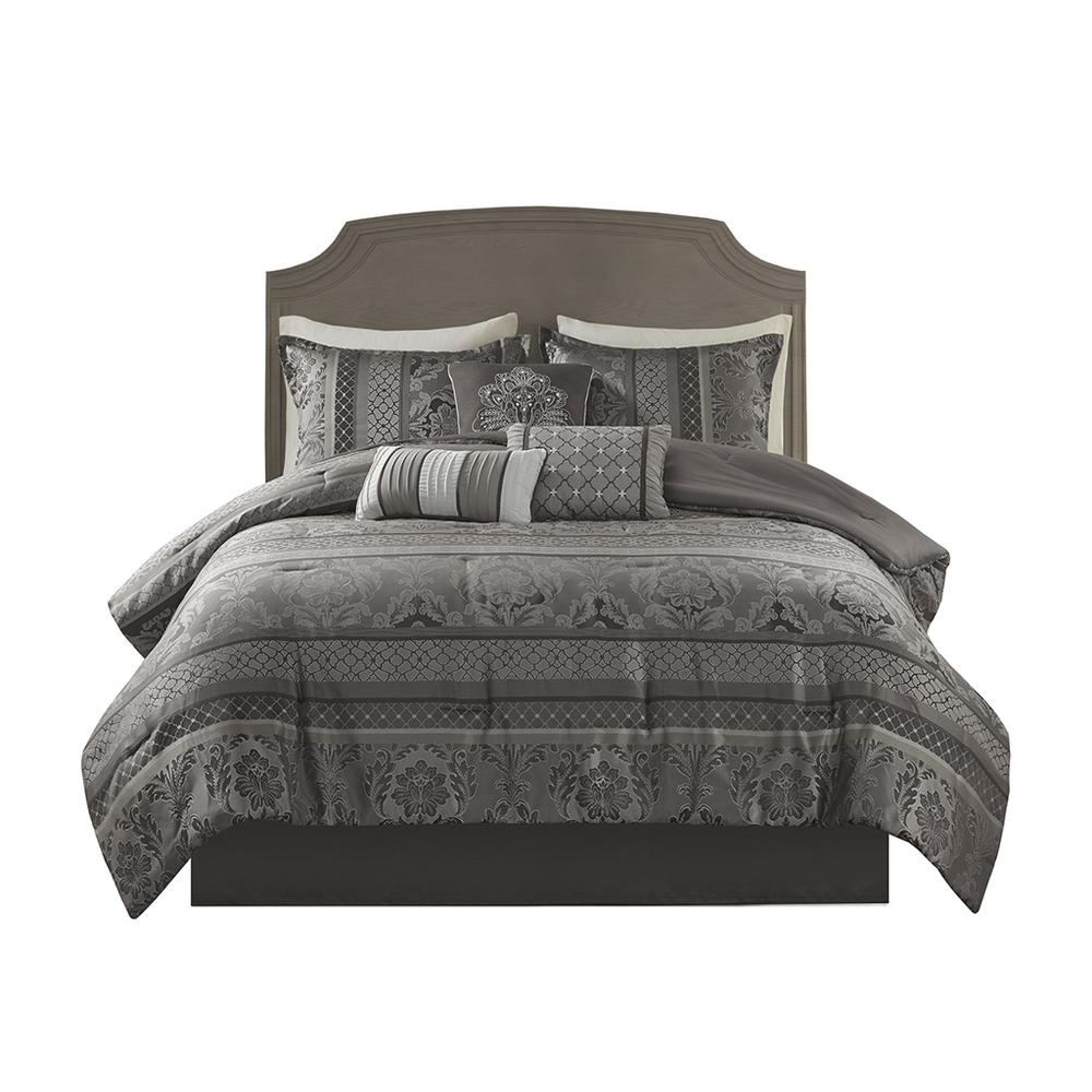 Start2Finish 7-piece Jacquard comforter set with intricate woven pattern and matching pillow shams in soft, elegant bedding style.