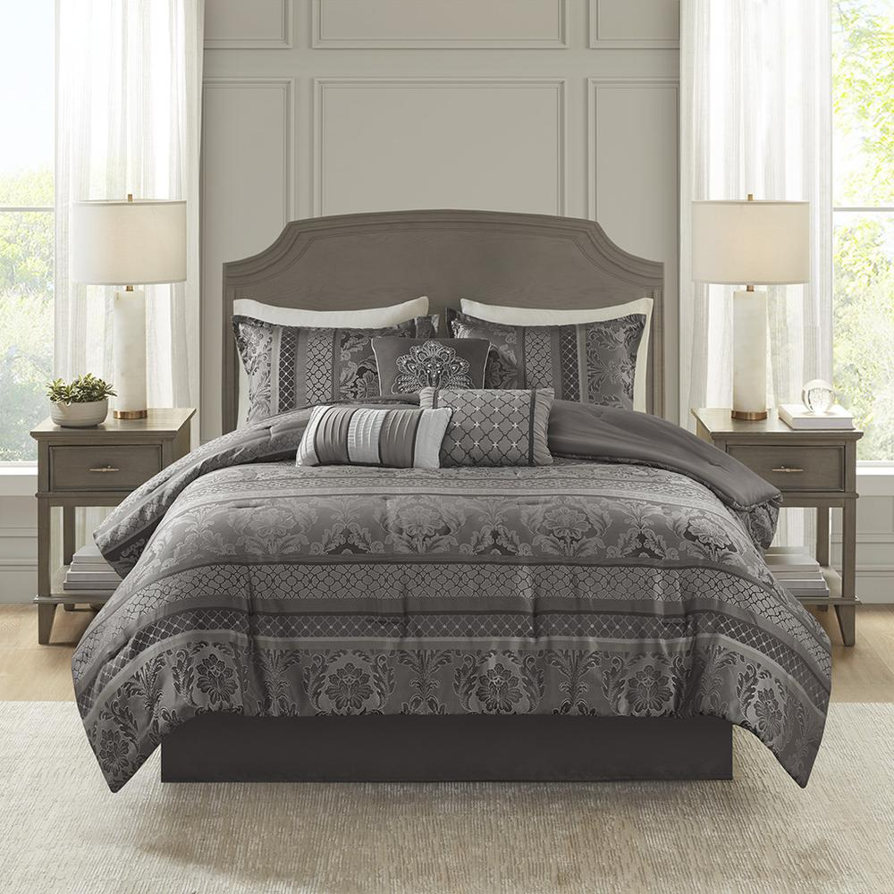 Start2Finish 7-piece Jacquard comforter set with intricate woven pattern and matching pillow shams on a neatly made bed.