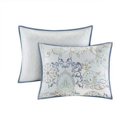 Start2Finish 8-piece cotton floral printed reversible comforter set with matching pillow shams and decorative pillows laid out on a bed.
