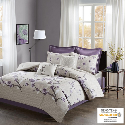 Holly 8-piece cotton comforter set in purple and taupe with matching pillows, featuring a soft, cozy bedding design by Start2Finish