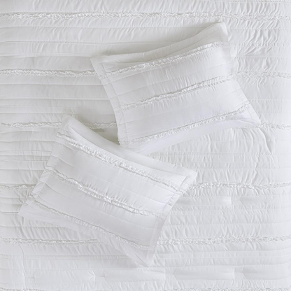 Start2Finish Celeste 5-piece microfiber ruffled comforter set in white with matching pillow shams and decorative ruffles.