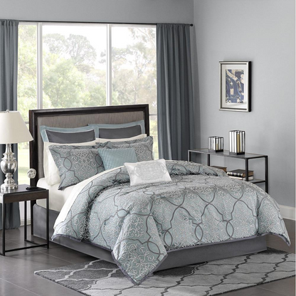 Start2Finish 12-piece comforter set with matching cotton bed sheets, featuring soft, cozy bedding for a comfortable bedroom.