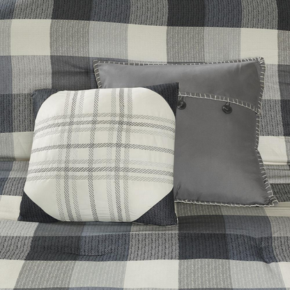 Start2Finish Ridge 7-piece grey herringbone comforter set with matching pillow shams displayed on a bed.