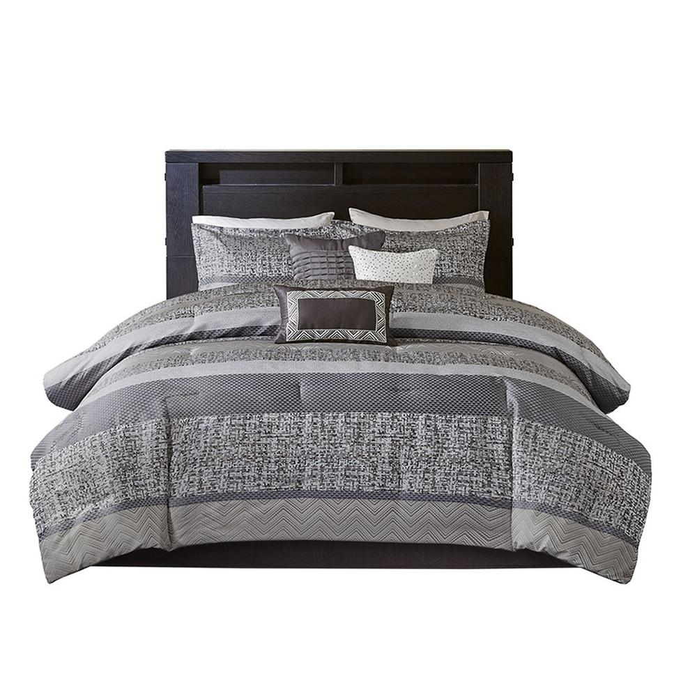 Start2Finish 7-piece jacquard comforter set with intricate woven pattern and matching pillow shams on a neatly made bed.