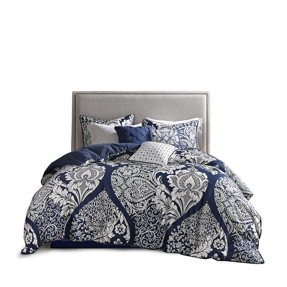 Vienna 7-piece cotton printed comforter set by Start2Finish in indigo, featuring a floral pattern on the comforter and matching pillow shams.