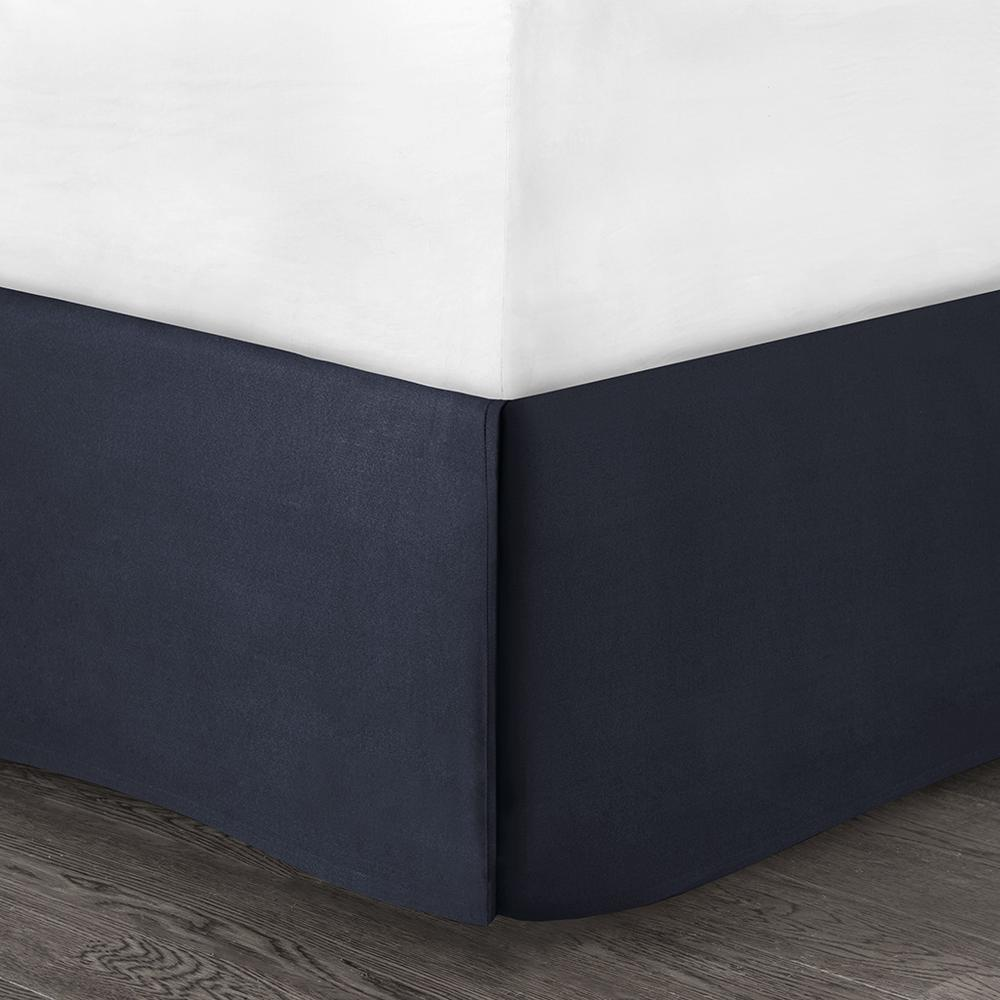 Start2Finish Serene Embroidered 7-piece comforter set in navy with intricate embroidery, featuring matching pillow shams and bed skirt.