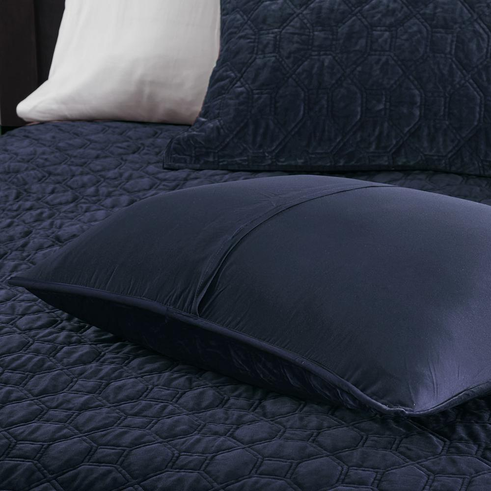 Start2Finish Harper 3-piece navy velvet quilt set with matching pillow shams, soft and luxurious bedding for a cozy bedroom look.