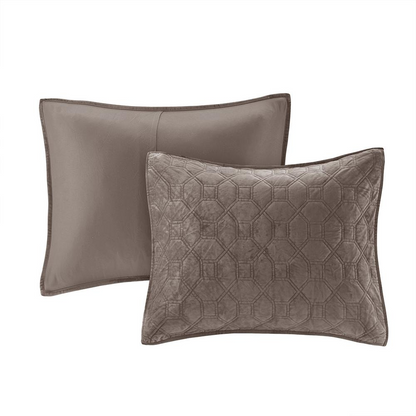 Start2Finish Harper 3-piece velvet quilt set in taupe, featuring soft fabric and elegant design for a cozy bedroom look.