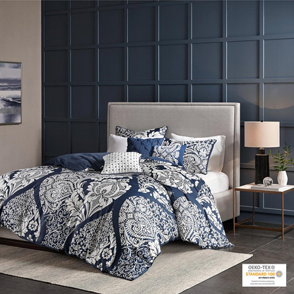 Start2Finish Vienna 6-piece printed duvet cover set in indigo, showcasing the stylish floral design and matching pillowcases.
