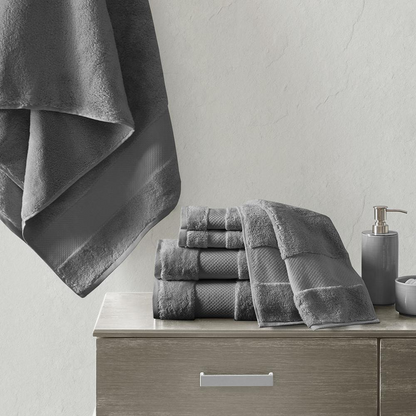 Start2Finish cotton 6-piece bath towel set with plush, soft towels in neutral colors displayed folded and stacked.