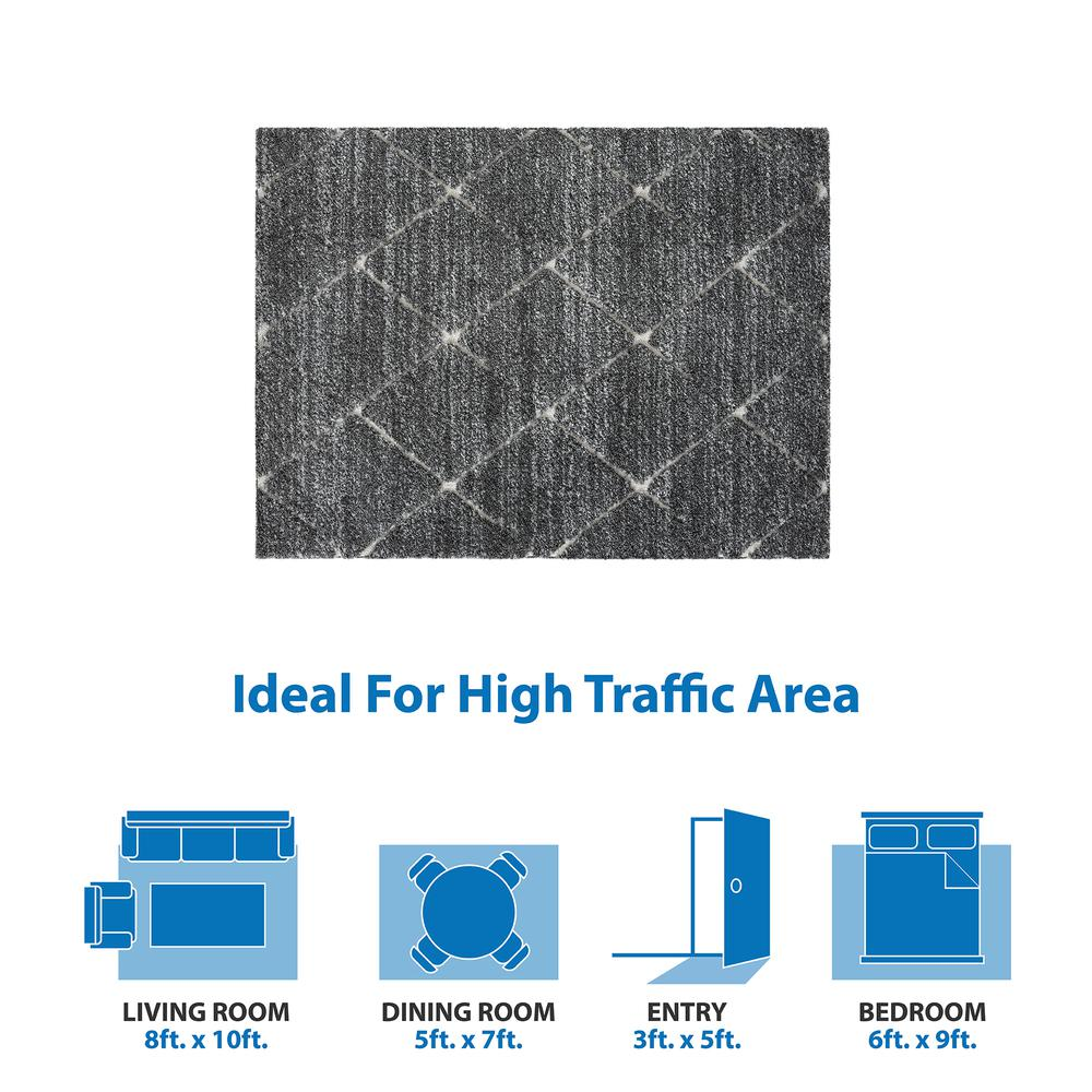Talas Trellis Area Rug by Start2Finish in grey and cream with geometric trellis pattern on plush fabric floor covering