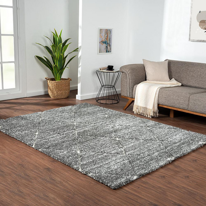 Start2Finish Talas Trellis Area Rug in grey and cream with geometric trellis pattern on soft fabric.