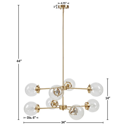8-light metal chandelier with globe bulbs, modern lighting fixture featuring sleek black finish and clear glass globes.