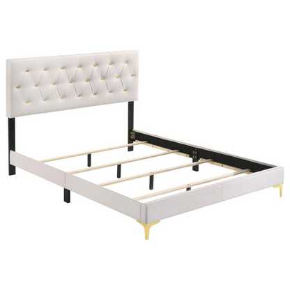 White Kendall upholstered queen panel bed by Start2Finish with padded headboard and sleek frame, shown in a modern bedroom setting.