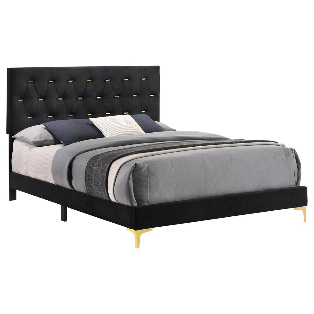 Black Kendall upholstered queen panel bed by Start2Finish with padded headboard and sleek frame for modern bedroom decor.