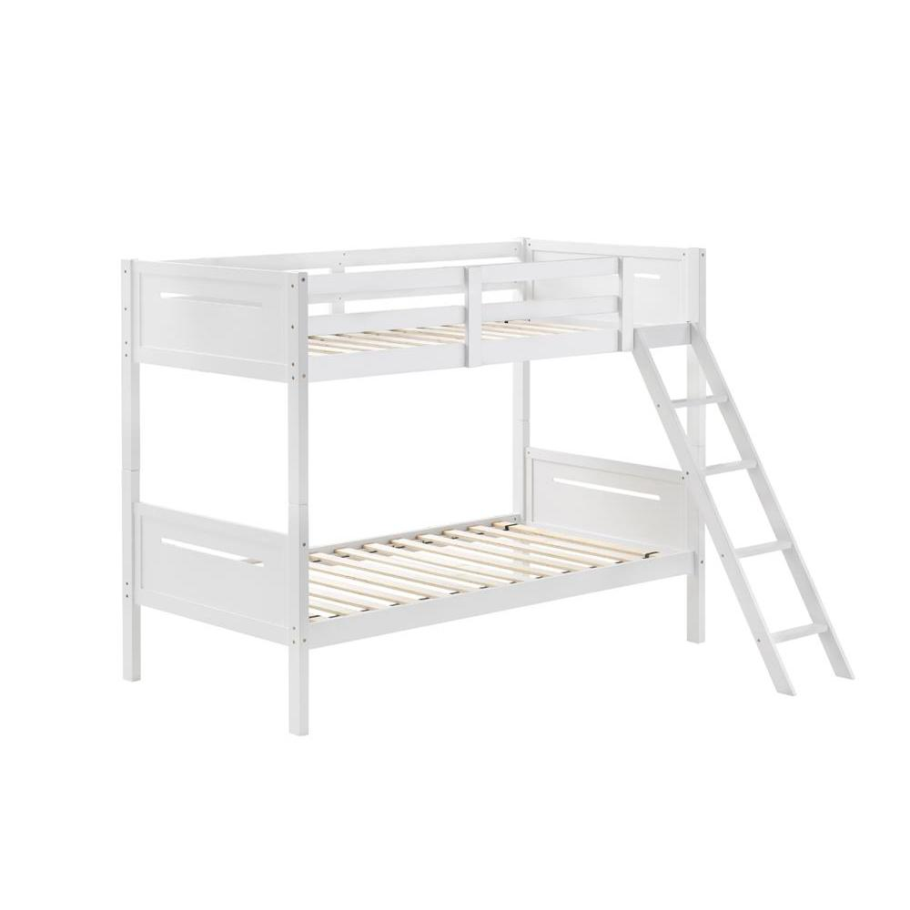 White Littleton Wood Twin Over Twin Bunk Bed by Start2Finish with sturdy frame and ladder, ideal for kids&