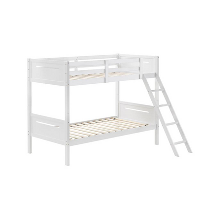 White Littleton Wood Twin Over Twin Bunk Bed by Start2Finish with sturdy frame and ladder, ideal for kids&