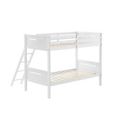 White Littleton Wood Twin Over Twin Bunk Bed by Start2Finish with sturdy frame and ladder, ideal for children&