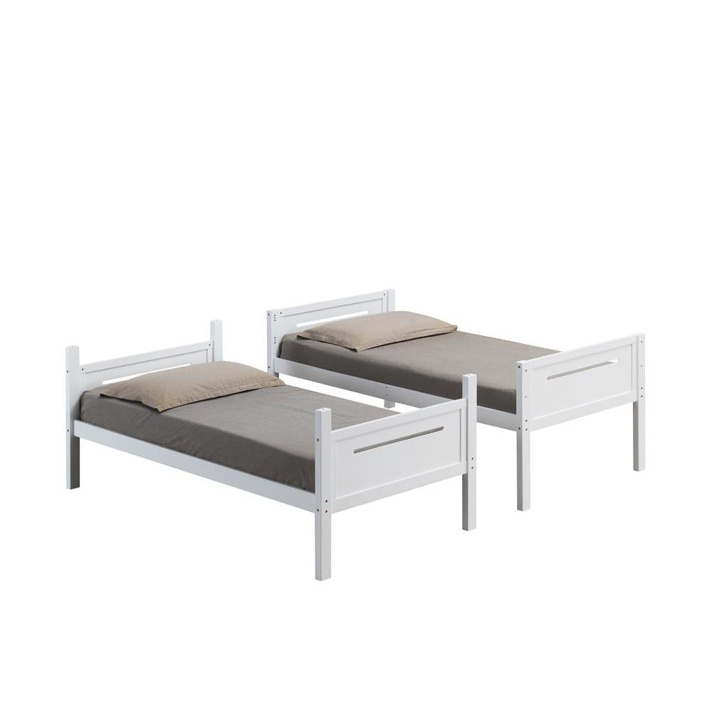 White Littleton Wood Twin Over Twin Bunk Bed by Start2Finish showing sturdy wooden frame and ladder in a bedroom setting.