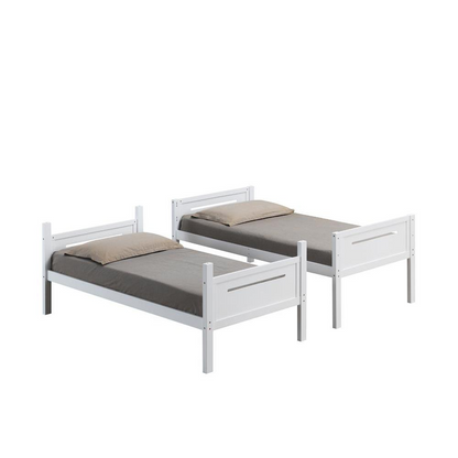 White Littleton Wood Twin Over Twin Bunk Bed by Start2Finish showing sturdy wooden frame and ladder in a bedroom setting.