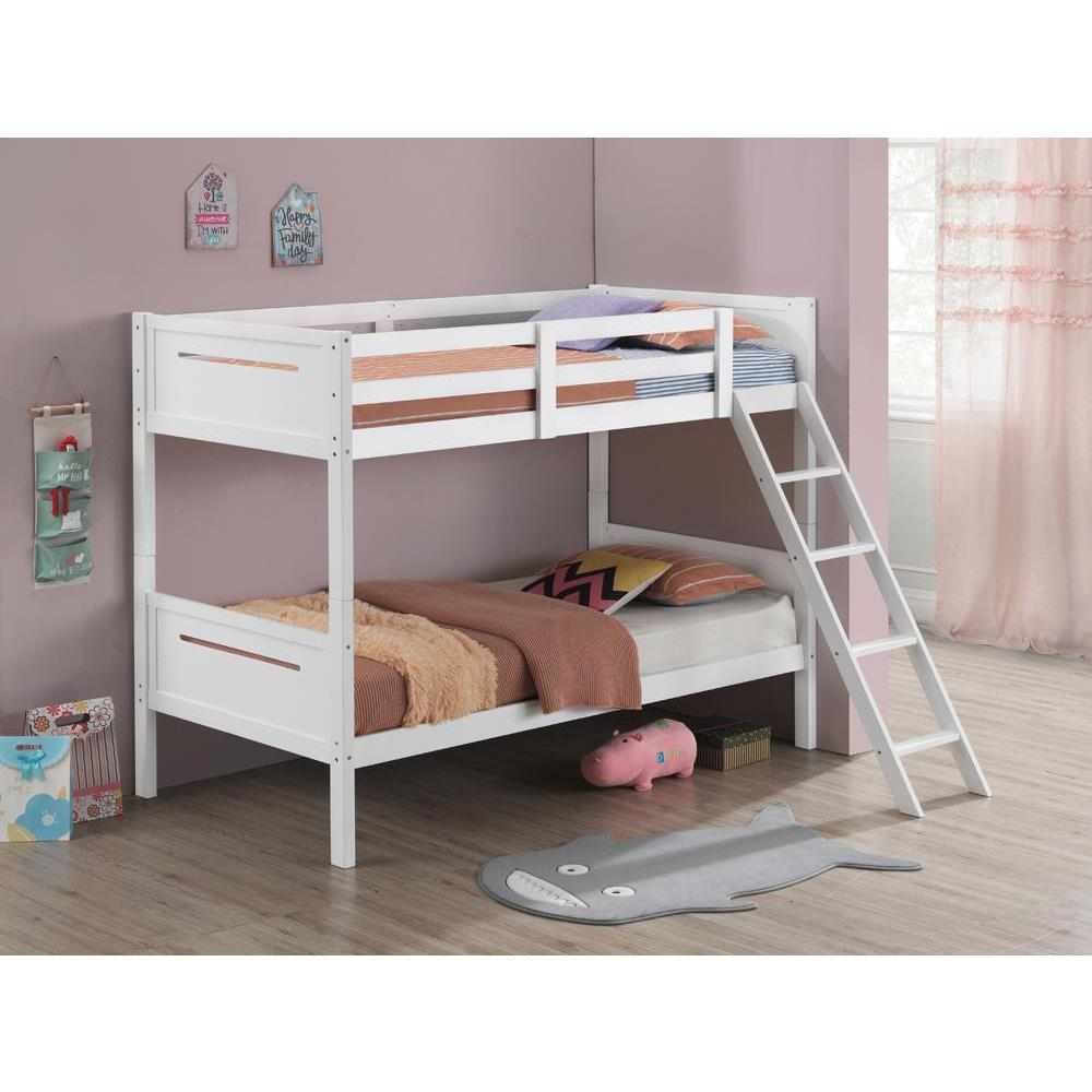 White Littleton Wood Twin Over Twin Bunk Bed by Start2Finish, showing the sturdy frame with ladder and safety rails.