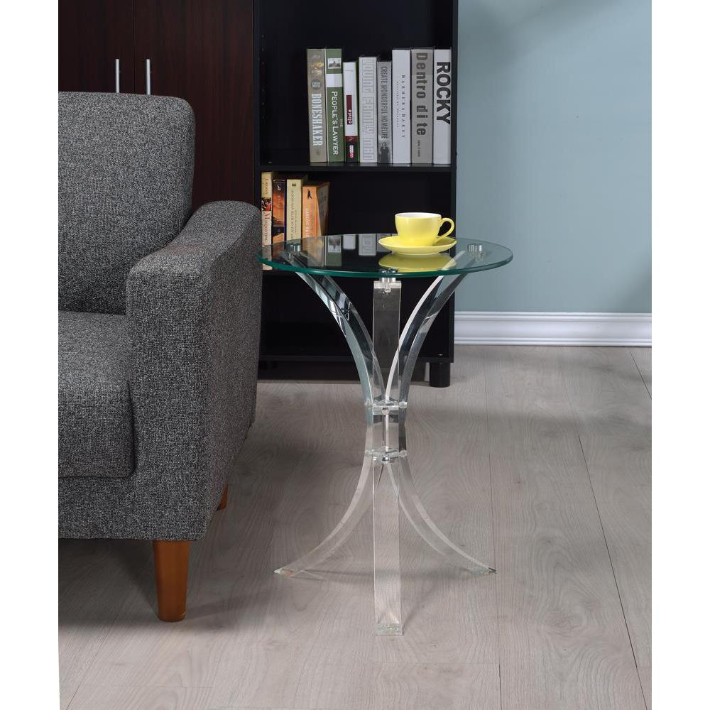 Laning round glass top acrylic side table by Start2Finish with clear, transparent design and modern style.