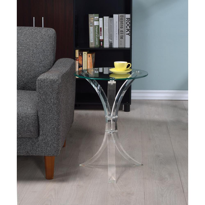 Laning round glass top acrylic side table by Start2Finish with clear, transparent design and modern style.