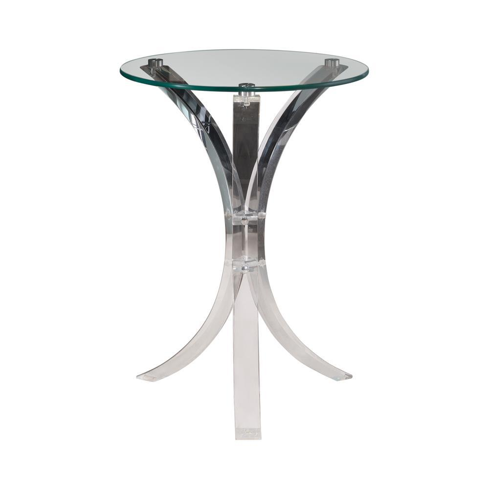 Laning round acrylic side table with clear glass top by Start2Finish, showcasing its sleek, modern design and transparent surface.
